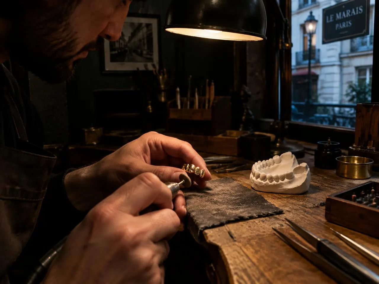 Jeweller polishing a small gold grill beside a plaster dental model in a Paris workshop