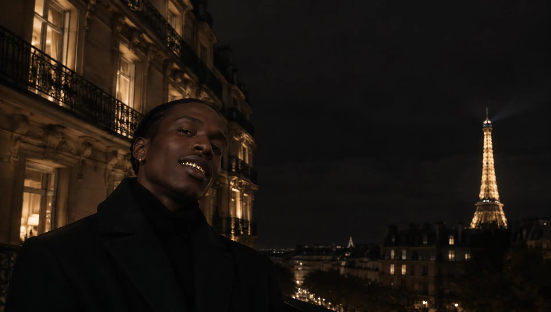 Man on a Paris Haussmann balcony at night wearing 18K yellow gold grillz, Eiffel Tower lit behind