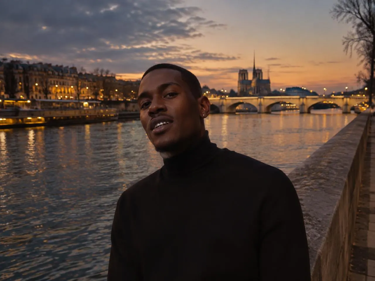 Man in a black turtleneck on the Seine quays at dusk with silver grillz, Notre-Dame behind